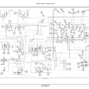 May include: A detailed schematic diagram of a hydraulic system, featuring numerous interconnected components, lines, and numbered labels. The diagram is rendered in black and white, with text at the top indicating "Hydraulic systems".