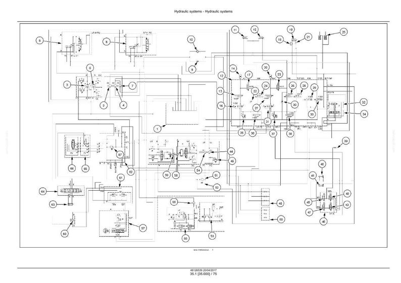 May include: A detailed schematic diagram of a hydraulic system, featuring numerous interconnected components, lines, and numbered labels. The diagram is rendered in black and white, with text at the top indicating "Hydraulic systems".