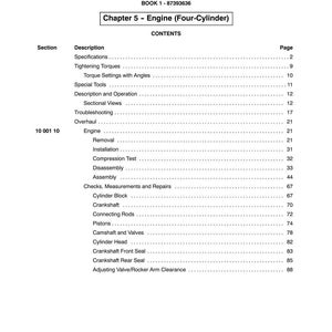 May include: A page from a manual titled "SECTION 10 - ENGINE" with the text "Chapter 5 - Engine (Four-Cylinder)". The contents include specifications, tightening torques, and engine components.