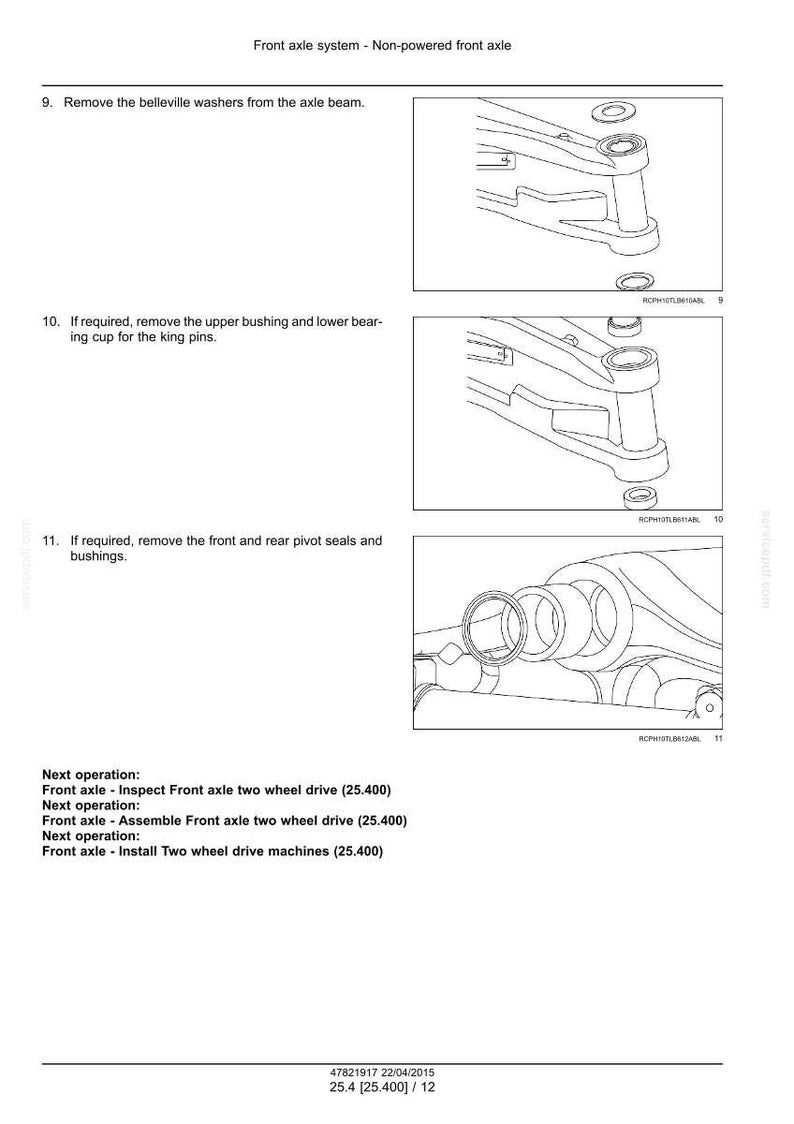 May include: Diagram of a non-powered front axle system, with detailed illustrations of component removal and assembly steps. Includes text instructions for removing washers, bushings, and seals. The diagram also includes measurements in inches.