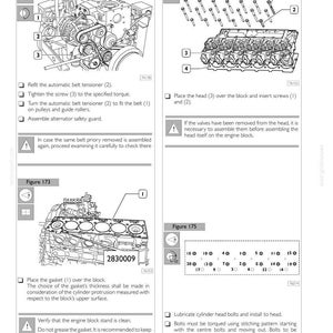 Puede incluir: Diagrama t&eacute;cnico de componentes del motor con etiquetas e instrucciones. Incluye figuras para el tensor de la correa, la colocaci&oacute;n de la culata y las especificaciones de par de los pernos. El texto incluye los pasos de montaje del motor y los valores de par.