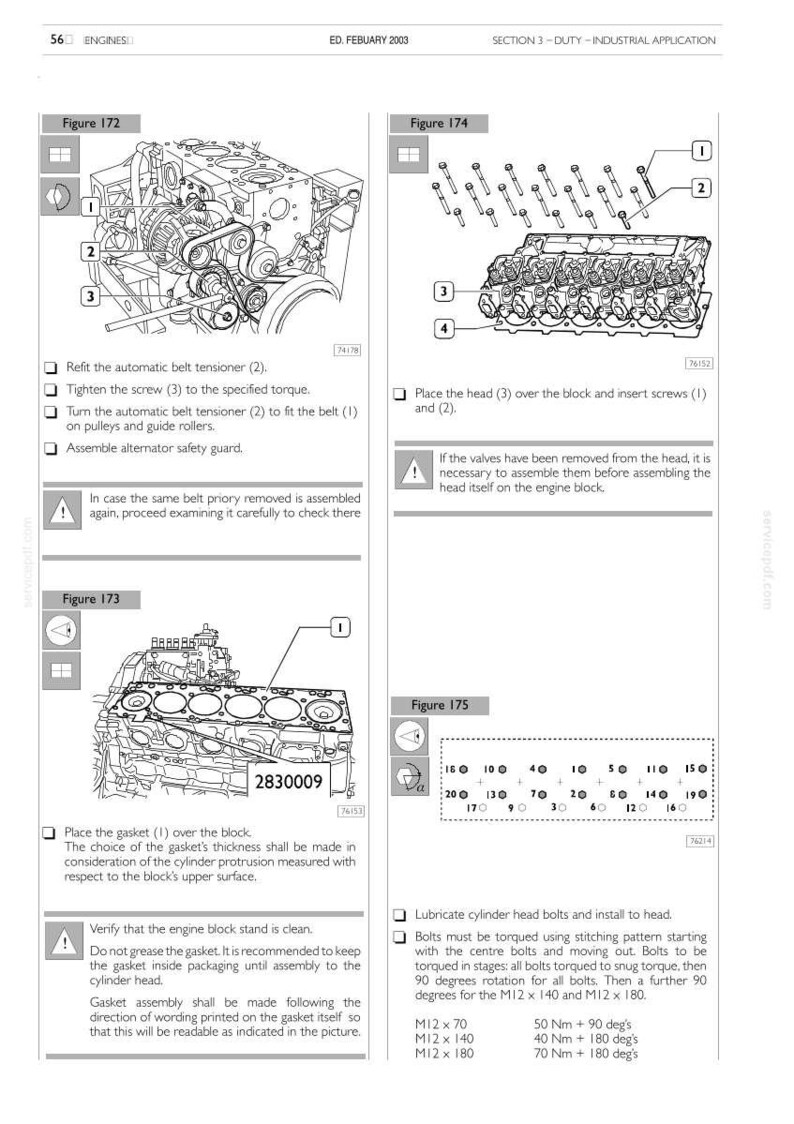 Puede incluir: Diagrama t&eacute;cnico de componentes del motor con etiquetas e instrucciones. Incluye figuras para el tensor de la correa, la colocaci&oacute;n de la culata y las especificaciones de par de los pernos. El texto incluye los pasos de montaje del motor y los valores de par.