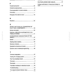 May include: A page from a technical manual, featuring a table of contents with various electrical engineering terms. The text is black on a white background, with entries like "Ohmmeter," "Resistors," and "Troubleshooting."