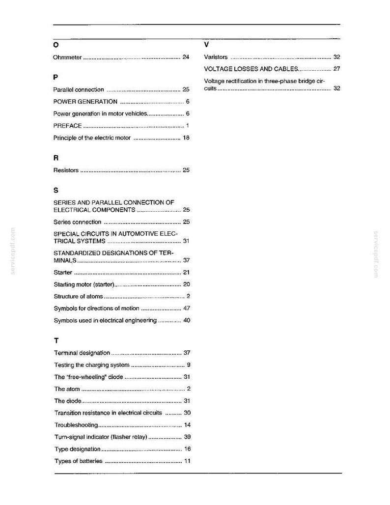 May include: A page from a technical manual, featuring a table of contents with various electrical engineering terms. The text is black on a white background, with entries like "Ohmmeter," "Resistors," and "Troubleshooting."