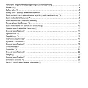 May include: A white page with the title "Contents" and "INTRODUCTION" in bold black text. The page lists various topics with page numbers, including "Foreword", "Safety rules", and "General specification".