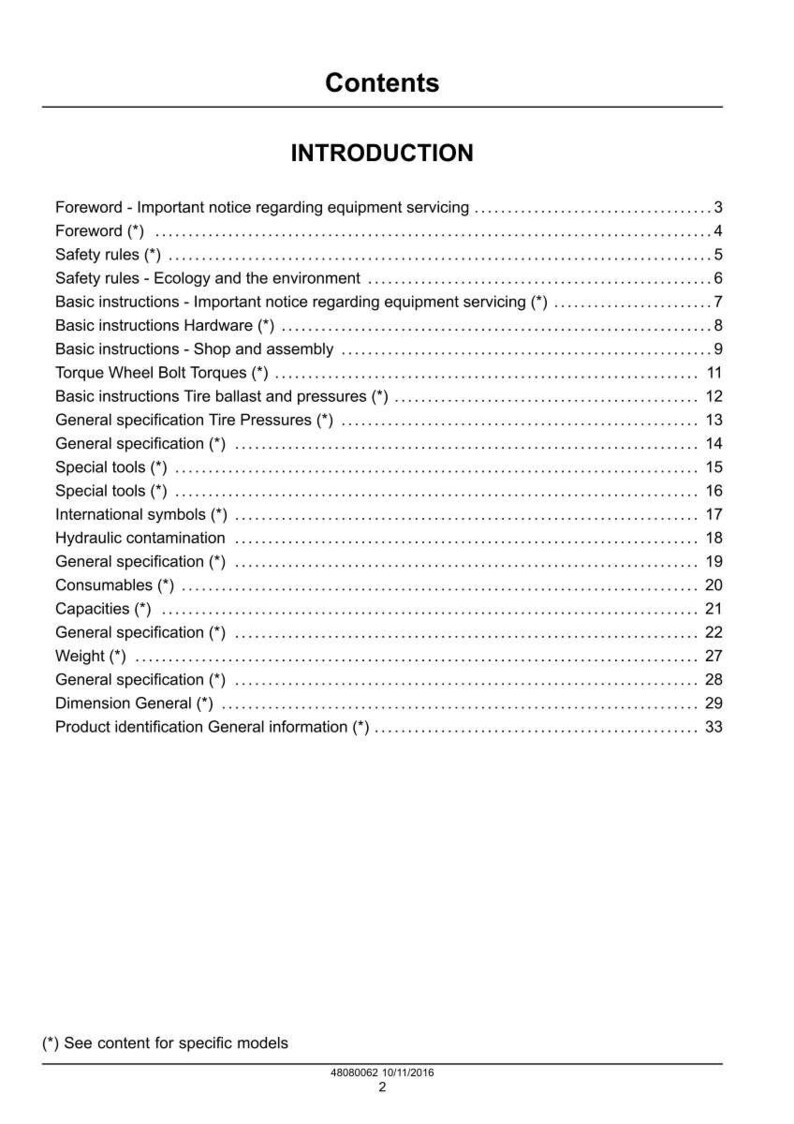 May include: A white page with the title "Contents" and "INTRODUCTION" in bold black text. The page lists various topics with page numbers, including "Foreword", "Safety rules", and "General specification".