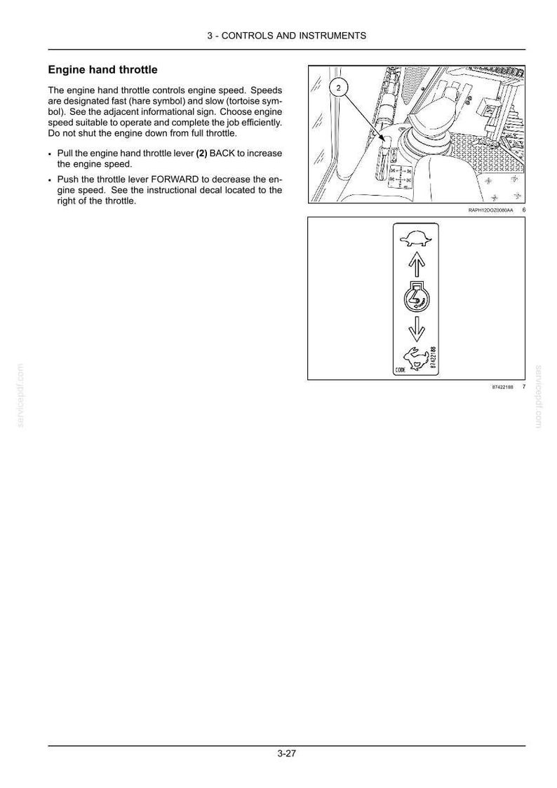 K&ouml;nnte beinhalten: Eine Seite aus einem technischen Handbuch mit dem Titel 3 - CONTROLS AND INSTRUMENTS, die einen Handgashebel zeigt. Sie enth&auml;lt eine Abbildung eines Hebels mit der Nummer 2 und einen vertikalen Aufkleber mit Schildkr&ouml;ten-, Motor- und Hasensymbol.