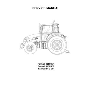 May include: A service manual for Case IH Farmall tractors. The image shows a line drawing of a tractor with large rear tires. The text includes "SERVICE MANUAL" and "Farmall 105U EP, 115U EP, 95U EP". The Case IH logo is at the top.