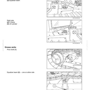 Op de afbeelding: Diagrammen uit een onderhoudshandleiding met de onderdelen van een machine. De diagrammen bevatten labels voor remote grease zerks, hefcilinders, C-frames en egaliseerbalken. De tekst "7 - MAINTENANCE" en paginanummer "7-36" zijn ook zichtbaar.