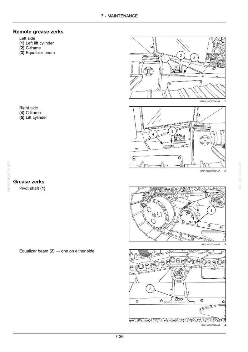 Op de afbeelding: Diagrammen uit een onderhoudshandleiding met de onderdelen van een machine. De diagrammen bevatten labels voor remote grease zerks, hefcilinders, C-frames en egaliseerbalken. De tekst "7 - MAINTENANCE" en paginanummer "7-36" zijn ook zichtbaar.