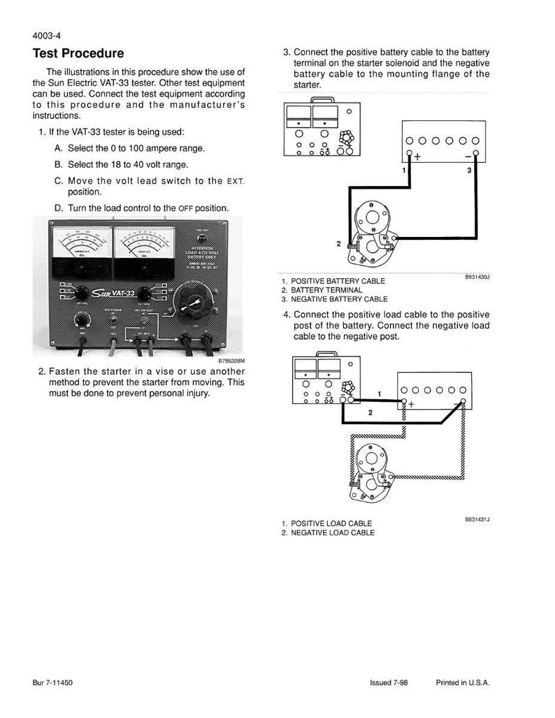 May include: A page from a manual titled "Test Procedure" with diagrams and instructions for using a Sun Electric VAT-33 tester. The text includes steps for connecting cables and setting voltage ranges. The diagrams show electrical connections.