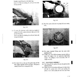 May include: A technical manual page titled 3.4 MAIN BODY DISASSEMBLY featuring black and white instructional diagrams labeled Fig. 3-14, 3-15, 3-16, and 3-17. The text provides step-by-step assembly instructions for mechanical components including O-rings, filters, and casings.
