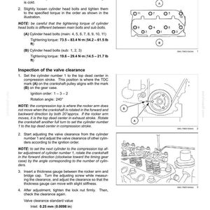 May include: Diagram of an engine cylinder head with labeled bolts and instructions for valve clearance inspection. Includes torque specifications in foot-pounds and inches, and valve clearance values in inches.
