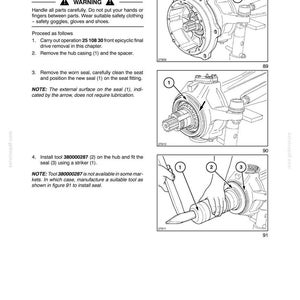 May include: A technical manual page titled SECTION 25 - FRONT AXLE (FWD) - CHAPTER 1, detailing the wheel hub seal replacement process. It includes three black and white line drawings showing the assembly, seal placement, and tool usage.