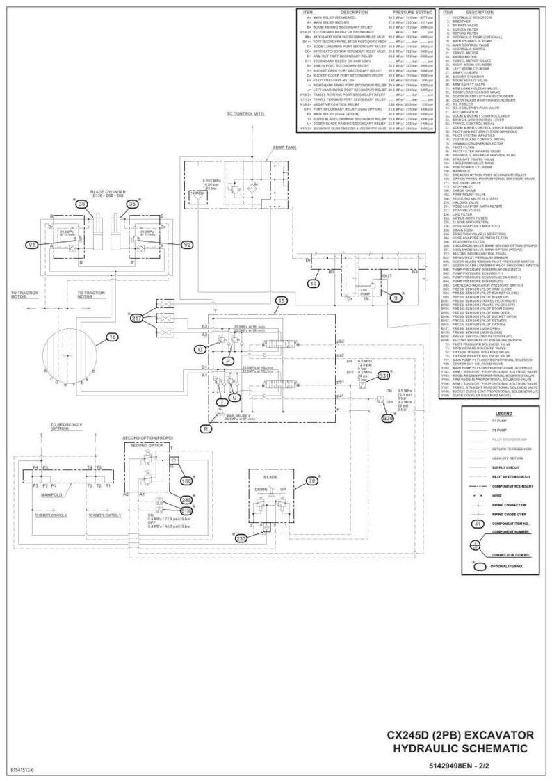 May include: A detailed hydraulic schematic for a CX245D (2PB) excavator. The diagram includes various components, labeled with item numbers and descriptions, and a legend. The schematic is in black and white.