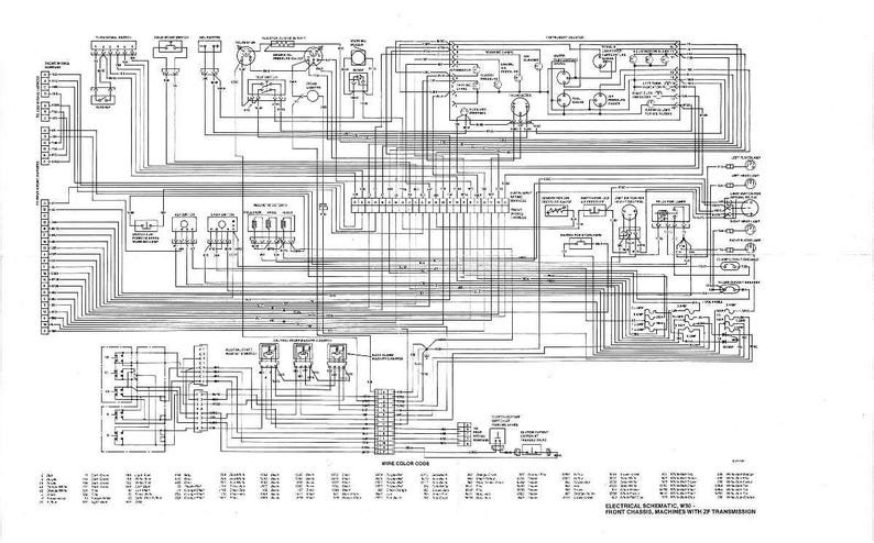 May include: A detailed black and white electrical schematic diagram, featuring numerous interconnected components, wires, and labels. The diagram includes text at the bottom indicating it is an electrical schematic for front chassis machines with a ZF transmission.