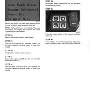 May include: A black and white technical manual page with instructions for testing a park brake. The page includes text, diagrams, and a control panel with buttons and a parking brake switch.