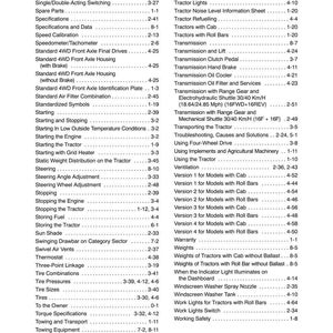 May include: A black and white table of contents page from a tractor manual, featuring a list of technical topics ranging from Service After the First 50 Hours of Work to Working Safely, with corresponding page numbers listed on the right side.