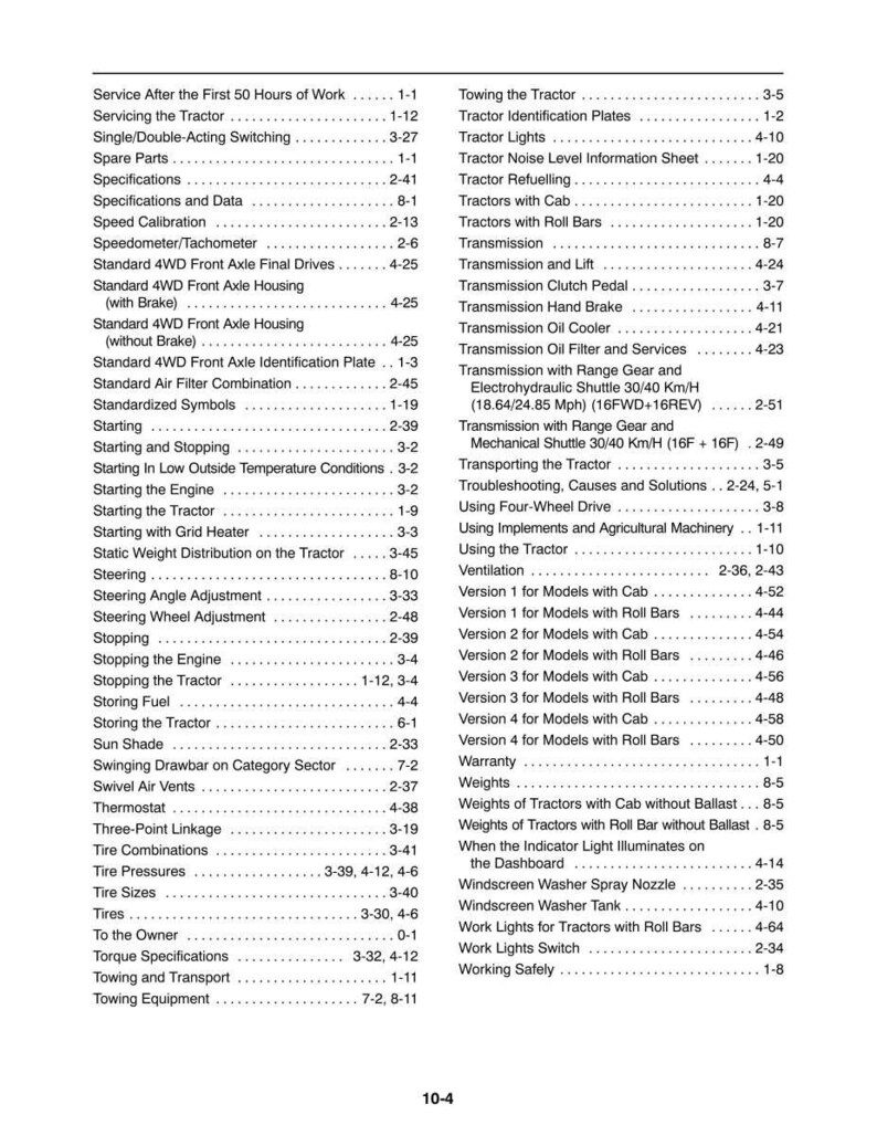 May include: A black and white table of contents page from a tractor manual, featuring a list of technical topics ranging from Service After the First 50 Hours of Work to Working Safely, with corresponding page numbers listed on the right side.