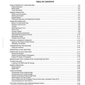 May include: A page from an operating instructions manual, titled "Operating Instructions." The table of contents lists topics such as engine operation, crawler operation, and dozer operation. The document is printed in black text on a white background.