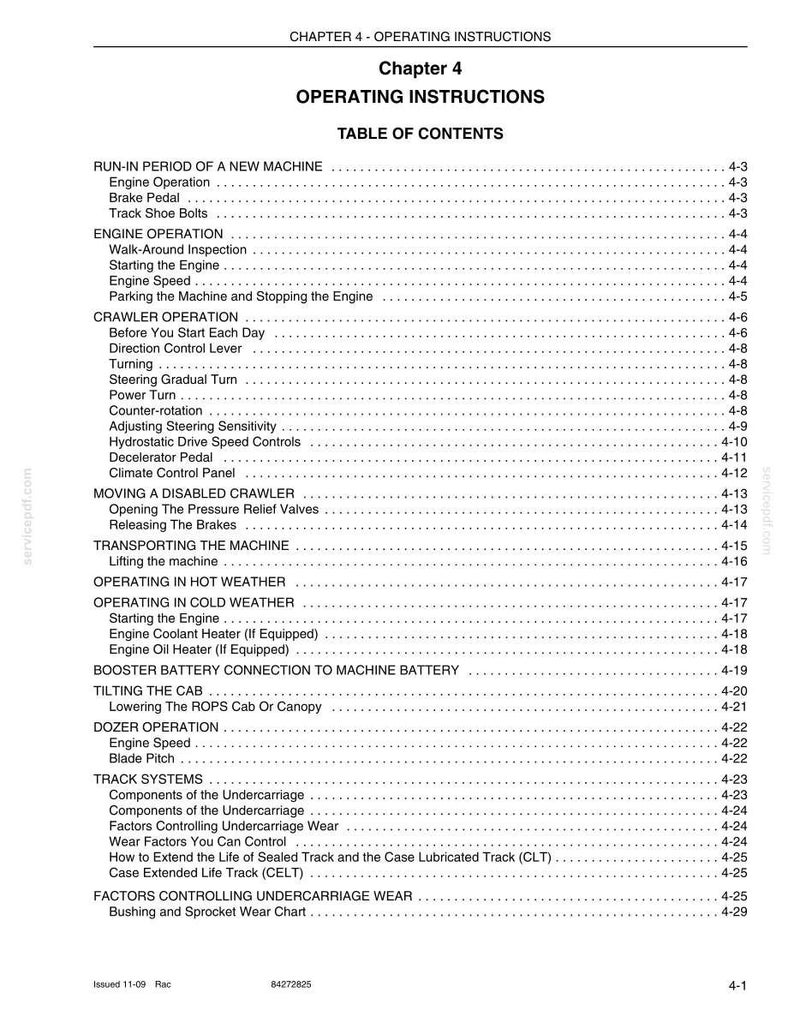 May include: A page from an operating instructions manual, titled "Operating Instructions." The table of contents lists topics such as engine operation, crawler operation, and dozer operation. The document is printed in black text on a white background.