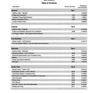 May include: A service manual for a 40XT Skid Steer, featuring a table of contents with sections on general information, engines, fuel systems, electrical components, and the power train. The manual includes a copyright notice from 2001.