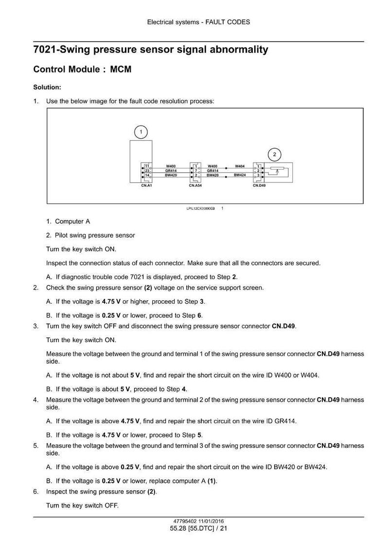 May include: Diagram of an electrical system fault code, with text indicating troubleshooting steps for a 7021-Swing pressure sensor signal abnormality. Includes a wiring diagram and instructions for voltage checks.