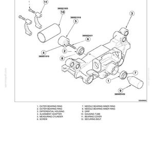 May include: A technical exploded view diagram labeled 5006-59 showing a differential housing and various mechanical components including bearing rings, a measuring cylinder, alignment adapter, gauging tube, grip, bearing covers, and securing bolts.