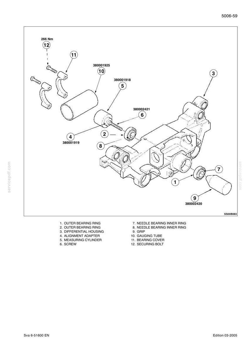 May include: A technical exploded view diagram labeled 5006-59 showing a differential housing and various mechanical components including bearing rings, a measuring cylinder, alignment adapter, gauging tube, grip, bearing covers, and securing bolts.