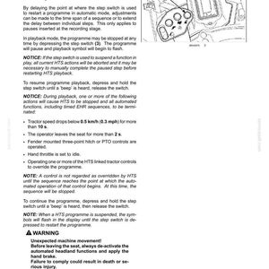 May include: A technical manual page titled 6-WORKING OPERATIONS detailing tractor HTS control procedures. It includes text instructions on pausing and resuming sequences, safety warnings about machine movement, and a diagram of a control panel.