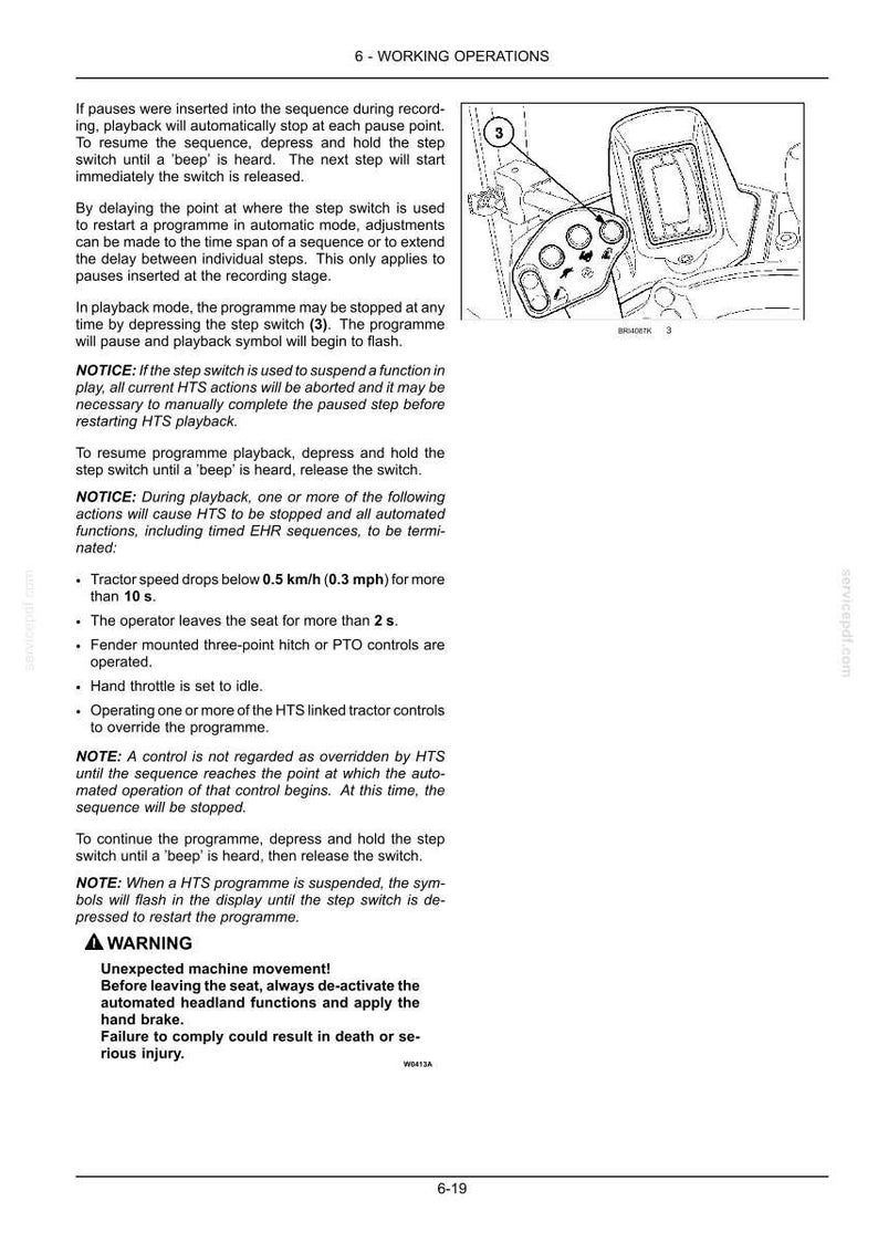 May include: A technical manual page titled 6-WORKING OPERATIONS detailing tractor HTS control procedures. It includes text instructions on pausing and resuming sequences, safety warnings about machine movement, and a diagram of a control panel.