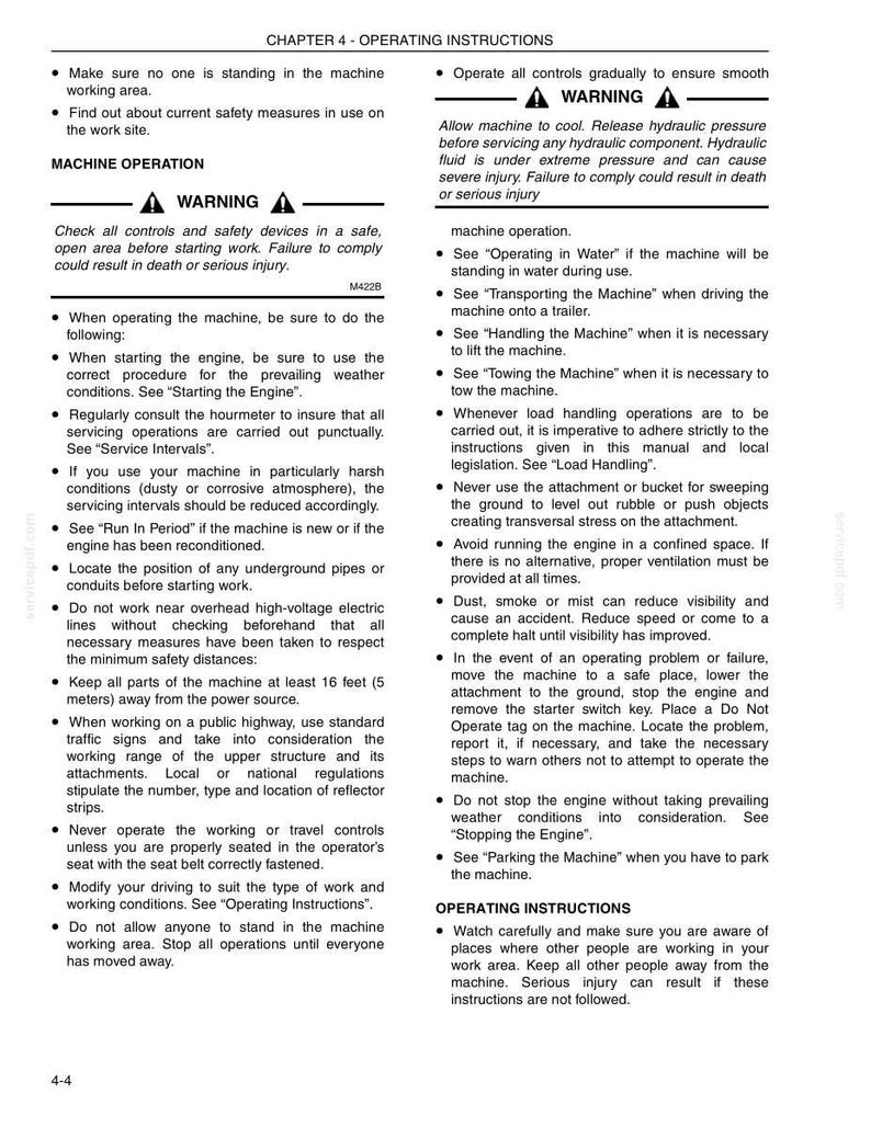 May include: A page from an operating instructions manual, with the title "Chapter 4 - Operating Instructions." The text includes safety warnings and procedures for machine operation, with bullet points and bold headings.