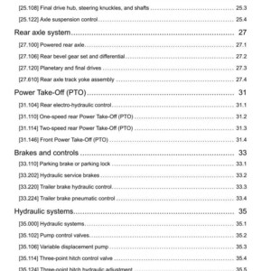 May include: A detailed technical document with a white background, listing various mechanical systems. Sections include front and rear axle systems, power take-off, brakes, controls, and hydraulic systems. The document is dated April 13, 2017.