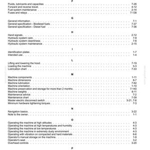 May include: A detailed page from a manual, featuring a table of contents with various topics such as engine specifications, maintenance, and operating procedures. The text is black on a white background.