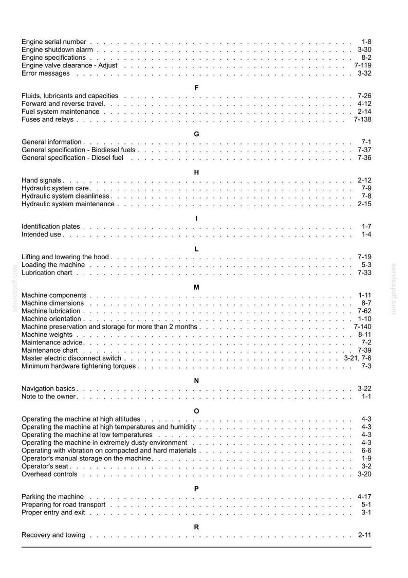 May include: A detailed page from a manual, featuring a table of contents with various topics such as engine specifications, maintenance, and operating procedures. The text is black on a white background.