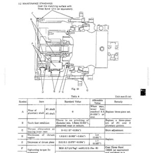 May include: A technical line drawing labeled Fig. 41 showing a mechanical assembly with cross-section views and labels A through G. Below the diagram, Table 4 lists maintenance standards, including wear, tooth condition, and torque specifications.
