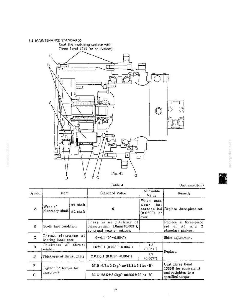 May include: A technical line drawing labeled Fig. 41 showing a mechanical assembly with cross-section views and labels A through G. Below the diagram, Table 4 lists maintenance standards, including wear, tooth condition, and torque specifications.