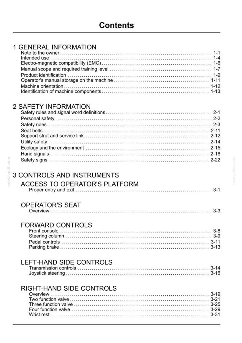 May include: A page from a manual titled "Contents" with sections on general and safety information, controls, and instruments. The text is black on a white background, with page numbers and section titles.