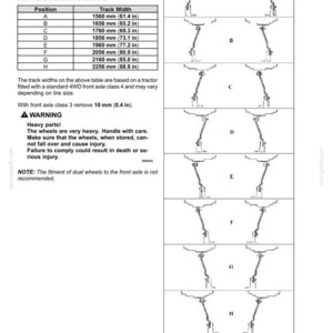 May include: A technical document page titled 6-WORKING OPERATIONS showing black and white line drawings of tractor wheel settings labeled A through H. A table lists track widths from 1560 mm (61.4 in) to 2256 mm (88.8 in) with safety warnings.