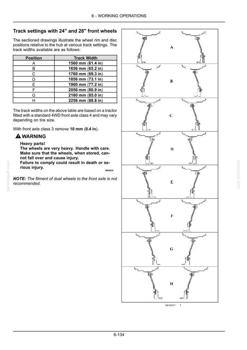 May include: A technical document page titled 6-WORKING OPERATIONS showing black and white line drawings of tractor wheel settings labeled A through H. A table lists track widths from 1560 mm (61.4 in) to 2256 mm (88.8 in) with safety warnings.