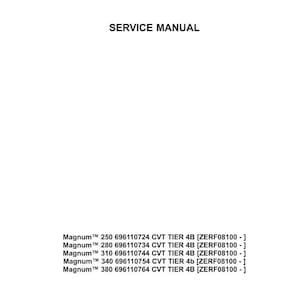 May include: A white page with the red and black "CASE IH AGRICULTURE" logo at the top. The text "SERVICE MANUAL" is centered below the logo. Below, a list of Magnum&trade; models and their specifications is displayed.