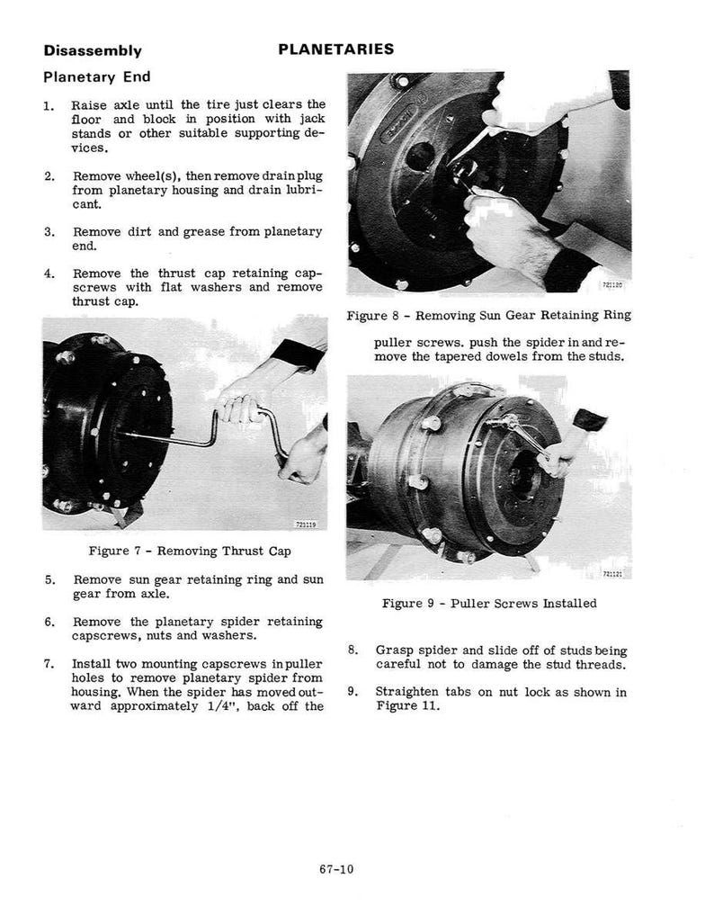 May include: A black and white technical diagram with the title "Disassembly Planetary End" and instructions for removing parts. The image includes close-up photos of mechanical components and tools.