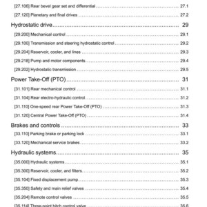 May include: A detailed technical manual page with a list of mechanical components, including rear axle systems, hydrostatic drives, power take-off (PTO), brakes, controls, and hydraulic systems. The page includes section numbers and descriptions.