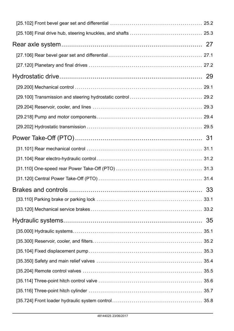 May include: A detailed technical manual page with a list of mechanical components, including rear axle systems, hydrostatic drives, power take-off (PTO), brakes, controls, and hydraulic systems. The page includes section numbers and descriptions.