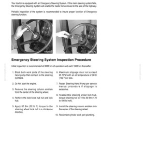 May include: A technical document titled Emergency Steering System featuring two black and white photographs of a tractor steering wheel being serviced with tools, alongside a numbered inspection procedure list detailing torque and slippage specs.