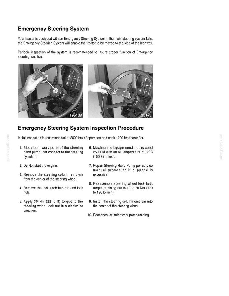 May include: A technical document titled Emergency Steering System featuring two black and white photographs of a tractor steering wheel being serviced with tools, alongside a numbered inspection procedure list detailing torque and slippage specs.