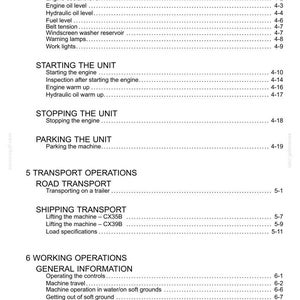 May include: A detailed contents list from an instruction manual, with sections including 'Operating Instructions', 'Starting the Unit', and 'Transport Operations'. The text is black on a white background.