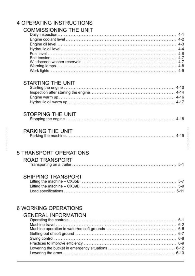 May include: A detailed contents list from an instruction manual, with sections including 'Operating Instructions', 'Starting the Unit', and 'Transport Operations'. The text is black on a white background.