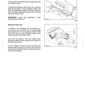 May include: A technical manual page titled SECTION 2 - CONTROLS, INSTRUMENTS AND OPERATION. It features text instructions for brake controls and two black and white line drawings showing a handbrake lever and a shuttle lever for a tractor.