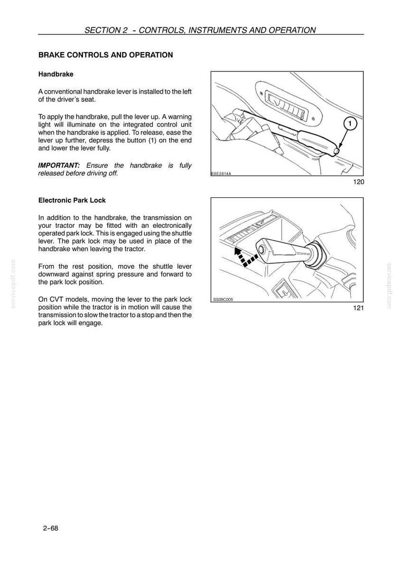 May include: A technical manual page titled SECTION 2 - CONTROLS, INSTRUMENTS AND OPERATION. It features text instructions for brake controls and two black and white line drawings showing a handbrake lever and a shuttle lever for a tractor.